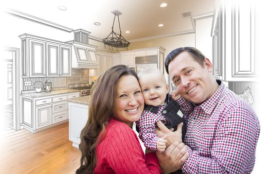 Happy Young Family Over Custom Kitchen Design Drawing and Photo Combination.