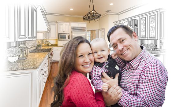 Happy Young Family Over Custom Kitchen Design Drawing and Photo Combination.