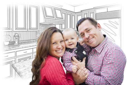 Happy Young Family Over Custom Kitchen and Design Drawing. 