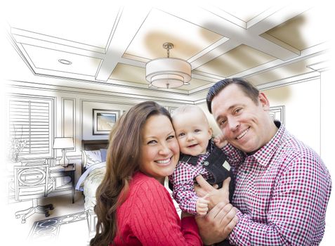 Happy Young Family With Baby Over Custom Bedroom Drawing and Photo Combination.