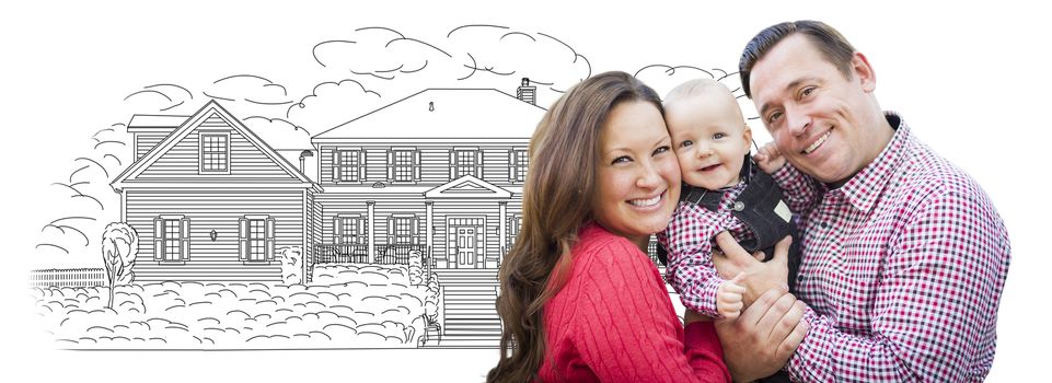 Happy Young Family With Baby Over House Drawing Isolated on a White Background.