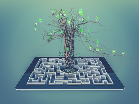 Social media icons set in tree shape on Maze in the tablet., concept