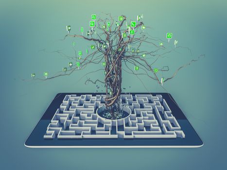 Social media icons set in tree shape on Maze in the tablet., concept