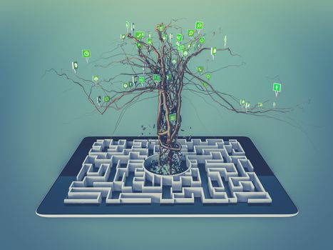 Social media icons set in tree shape on Maze in the tablet., concept