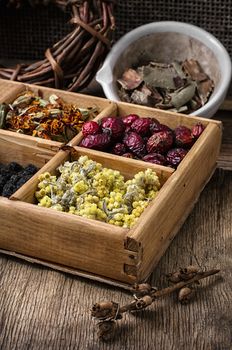 wooden box with herbs traditional medicine from home kit in the rural style.Selective focus