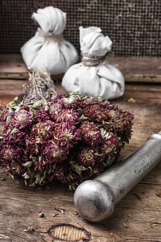 beam ligament healing herbs traditional medicine and iron pestle.Selective focus