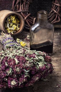Herbs and glass bulb with decoction of them in rustic style.The image is tinted.