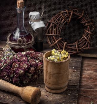 dried herbs for traditional medicine in the rural style.Selective focus