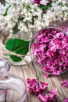 branches of blossoming lilac on wooden background.Selective focus