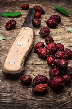 dried berries of the wild rose on wooden table in rustic style