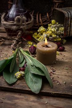 dried herbs for traditional medicine in the rural style.Selective focus