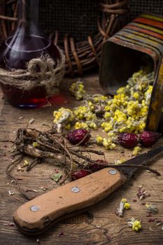 dried herbs for traditional medicine in the rural style.Selective focus