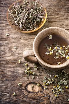 ceramic cup with tea brewed from dried chamomile and medicinal herbs