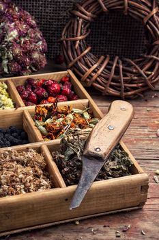 wooden box with herbs traditional medicine from home kit in the rural style.Selective focus