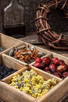 wooden box with herbs traditional medicine from home kit in the rural style.Selective focus