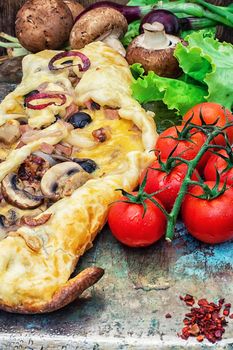 baked in the oven meat shawarma with vegetables in rustic style.The image is tinted