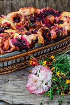 form with baked pie cherry berries in rustic style.Photo tinted