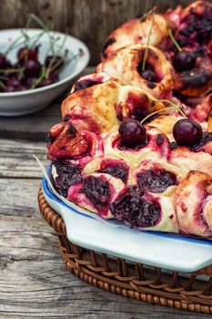 form with baked pie cherry berries in rustic style.Photo tinted