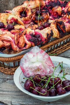 form with baked pie cherry berries in rustic style.Photo tinted