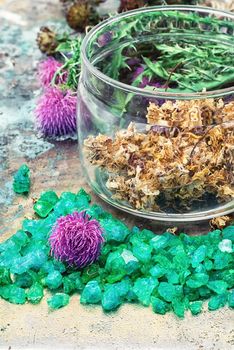 mineral perfume salt and other ingredients for Spa treatments.Photo tinted