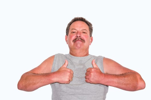 Thumbs up! Man shows two thumbs up. Underneath a chalkboard with inscription Preventive medical checkup on white background