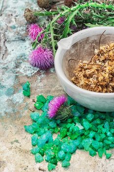 mineral perfume salt and other ingredients for Spa treatments.Photo tinted