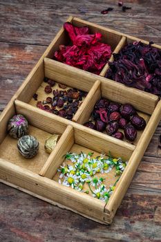 box collected in the fall of medicinal herbs for teas and medicinal teas