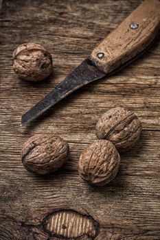 few walnuts on wooden background from autumn harvest.