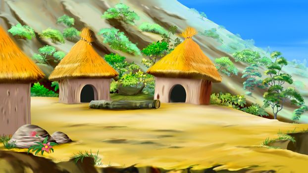 Digital painting of the fairy tale Small Village in the Mountains