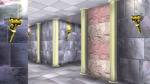 Digital painting of the Ancient maze with marble walls and torches.