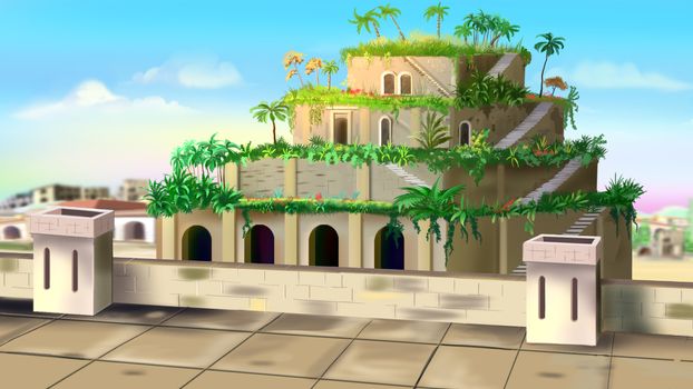 Digital painting of the Hanging Gardens of Babylon - one of the wonders of the world.