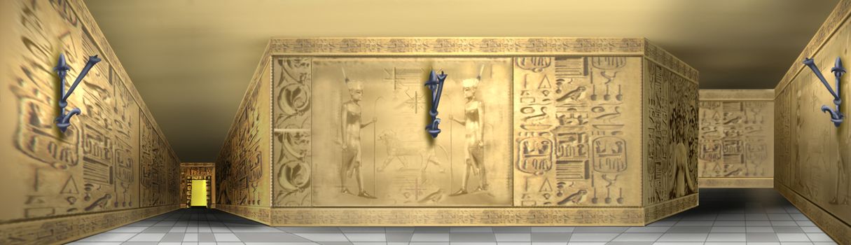 Digital painting of the hieroglyphics on the walls of Egyptian temple