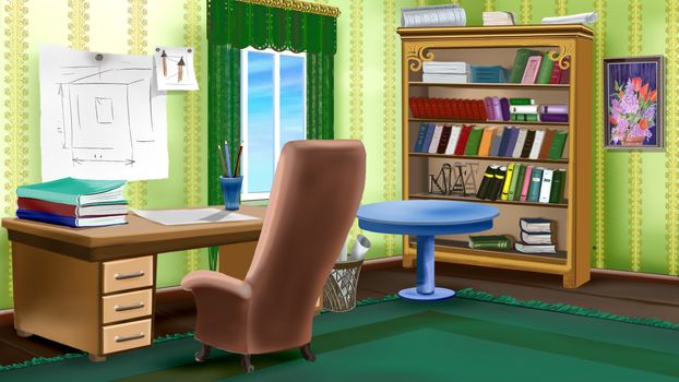 Digital painting of the illustrator or painter working place. Interior with table and armchair.