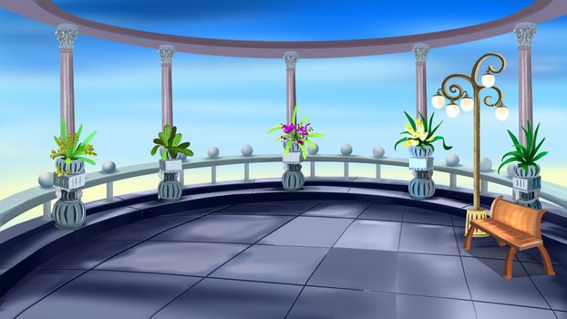 Digital painting of the terrace with  colonnade overlooking the sea