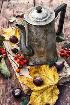 old book on wooden table on background of the kettle strewn with autumn leaves and Rowan.Photo tinted.
