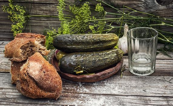 Pickled cucumbers with dill and vodka shot glass on wooden background in country style.Photo tinted.Selective focus