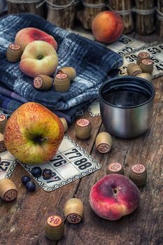 Accessories picnic consisting of peaches,apples and lotto games.Photo tinted.