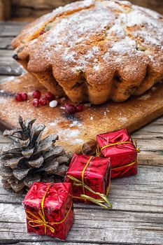 Baked homemade dessert for Christmas in the background decorations.Photo tinted.Selective focus