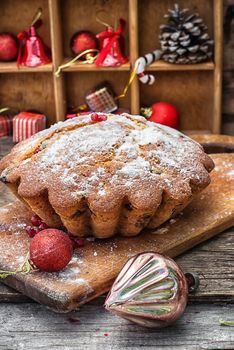 Baked homemade dessert for Christmas in the background decorations.Photo tinted.Selective focus