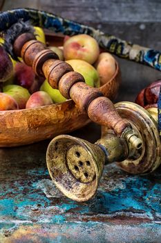 Details were worked hookah on the table amid fresh peaches.Photo tinted.
