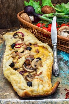 baked in the oven meat shawarma with vegetables in a rustic style.The image is tinted