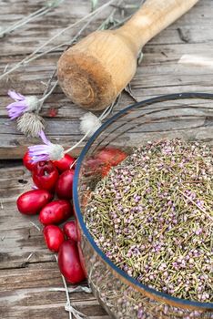 scattered medicinal Cornel berries and bowl of seeds of Heather on wooden table