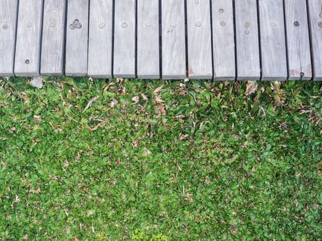 Wooden floor texture on green grass background