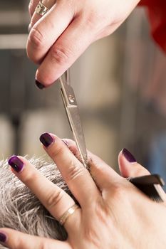 woman cuts hair with scissors, razor in  professional hairdressing salon