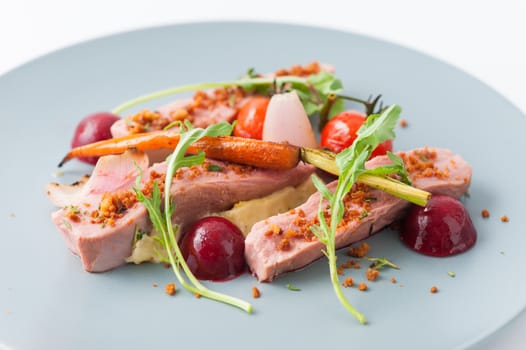 Roasted duck breast in modern cuisine style with vegetable and herbs