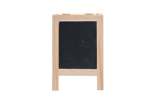 The front view of small A-frame blackboard with blank area for text or message isolated on white background with clipping path