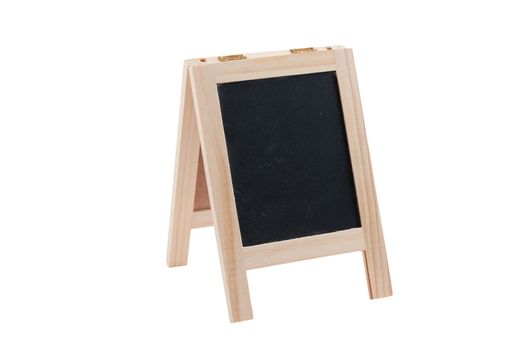 The front-side view of small A-frame blackboard with blank area for text or message isolated on white background with clipping path
