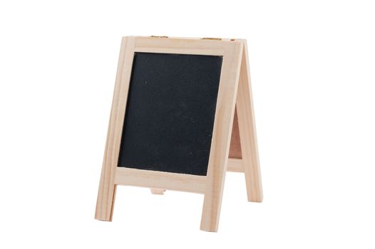 The front-side view of small A-frame blackboard with blank area for text or message isolated on white background with clipping path