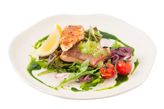 Modern style clean food, grilled salmon with toast and salad dressed with green sauce isolated on white background with clipping path