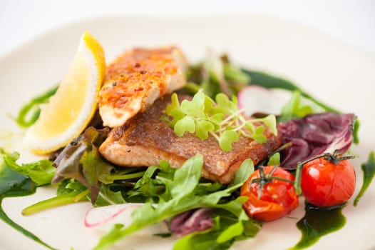 Modern style clean food, grilled salmon with toast and salad dressed with green sauce